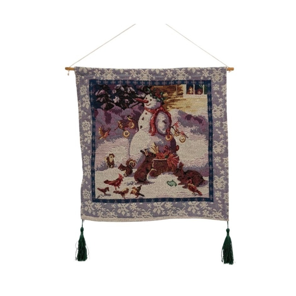 Snowman Tapestry Wall Hanging Vintage Christmas Holiday Decor Tassels 15"x15"